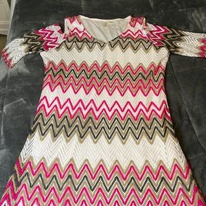 Pink, white, gold, and grey patterned dress
